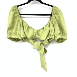 Isalis Womens Green Satin Puff Sleeve Tie Back Crop Top Cottagecore Style Size S